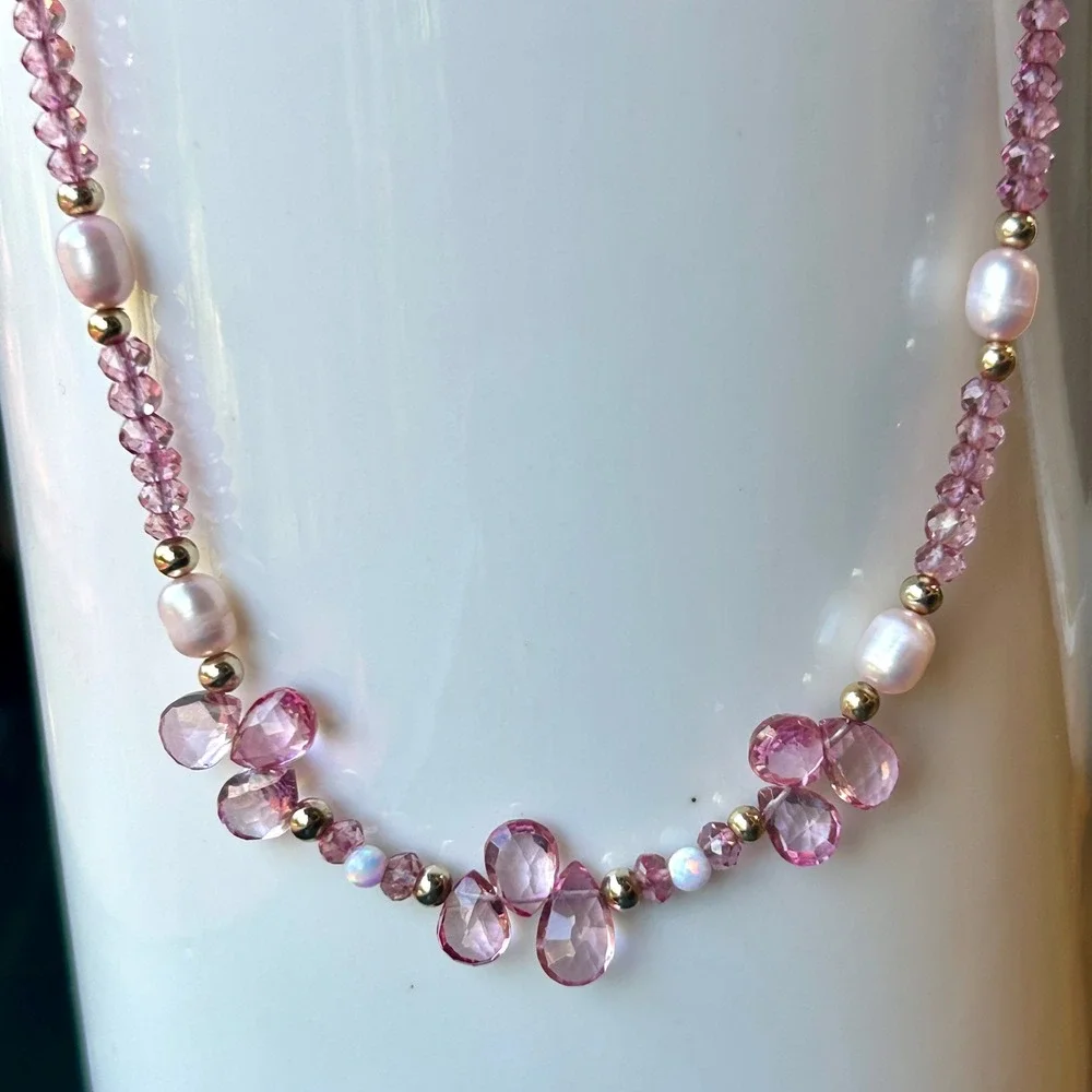 Beaded Necklace Pink Tourmaline Pearl Opal Gold- filled Clasp 16-18